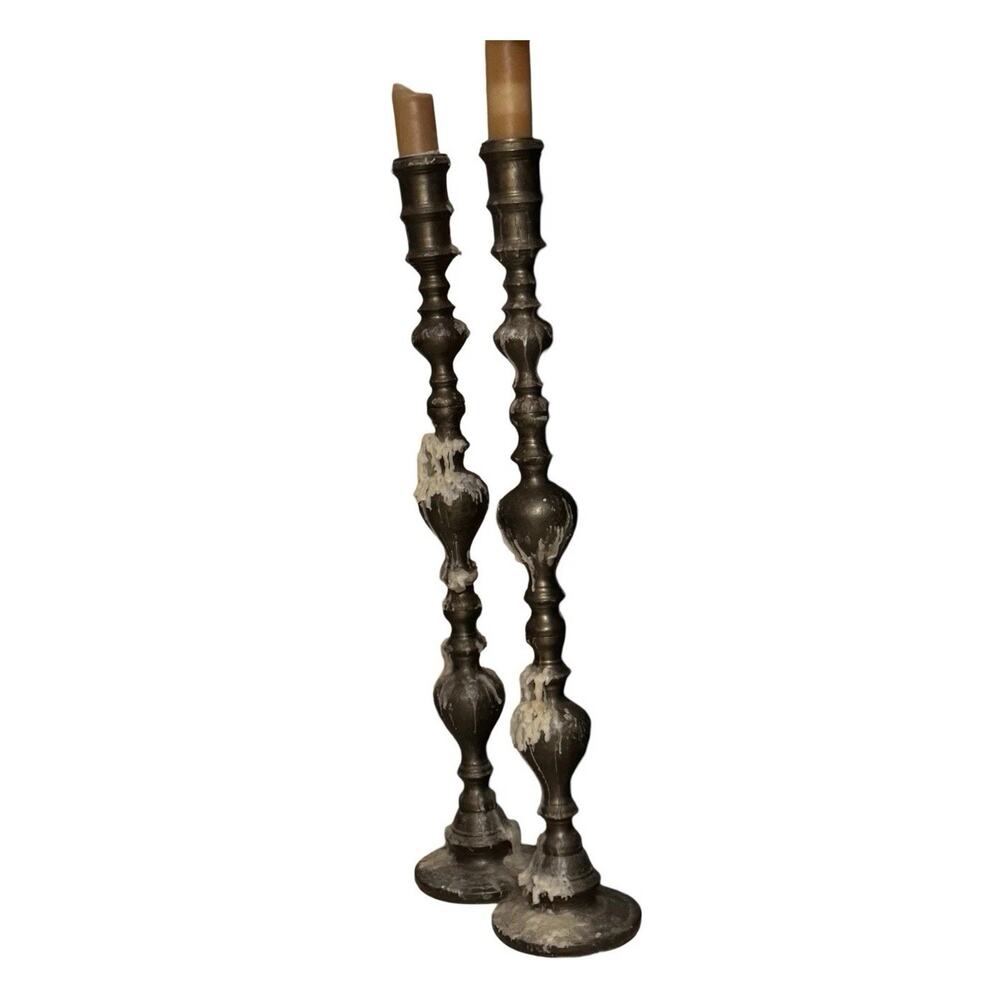 2 Antique Solid Brass 36” Church Candle Holders, Circa 1960, 14 Lbs